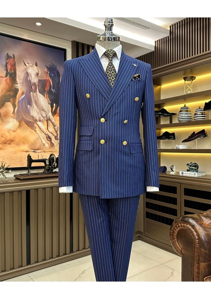İtalyan stil kruvaze ceket pantolon takım elbise Lacivert T9939
