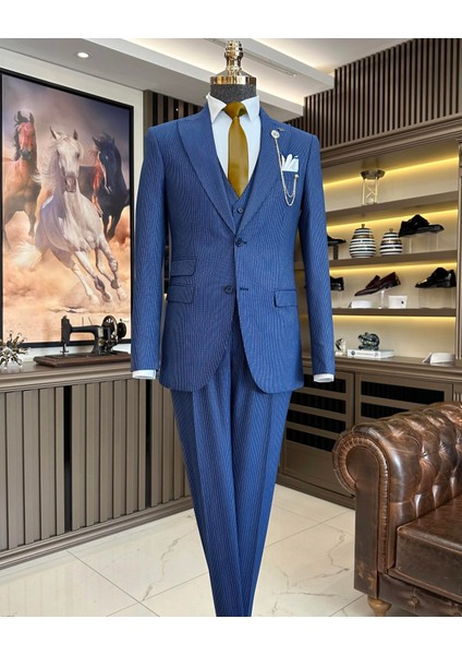 İtalyan stil çizgili ceket yelek pantolon takım elbise lacivert T10730