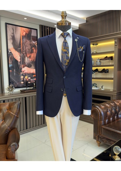İtalyan stil slim fit 8 drop mono yaka erkek ceket lacivert T10988