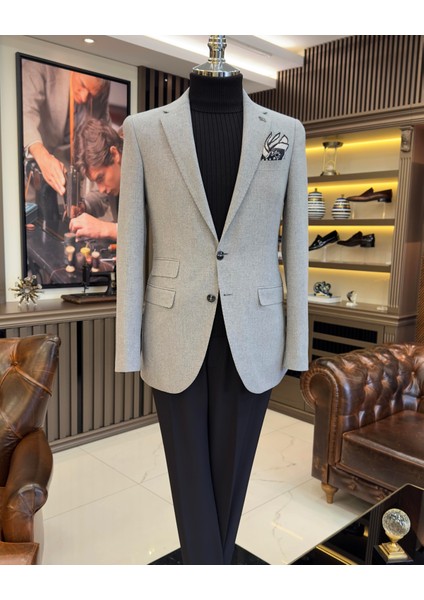Terziademaltun Italyan Stil Slim Fit 8 Drop Mono Yaka Erkek Ceket Gri T10985