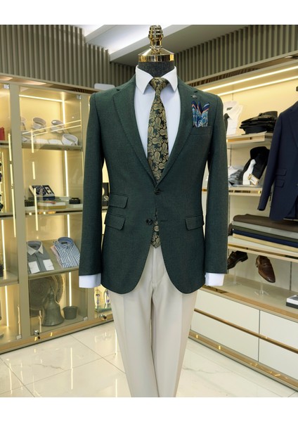 İtalyan stil slim fit 8 drop mono yaka erkek ceket yeşil T10979