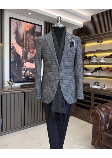 Terziademaltun Italyan Stil Slim Fit Mono Yaka Ekose Erkek Ceket Siyah T10751