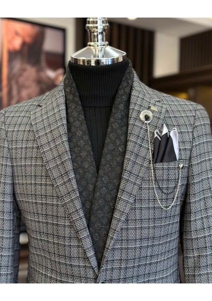 Terziademaltun Italyan Stil Slim Fit Mono Yaka Ekose Erkek Ceket Siyah T10751
