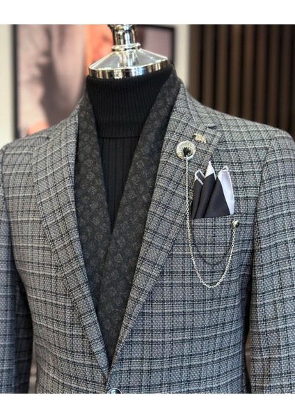 Terziademaltun Italyan Stil Slim Fit Mono Yaka Ekose Erkek Ceket Siyah T10751