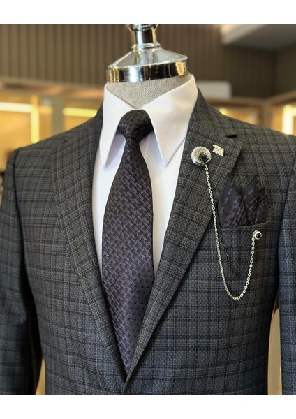 Terziademaltun Italyan Stil Slim Fit Mono Yaka Ekose Erkek Ceket Antrasit T10752