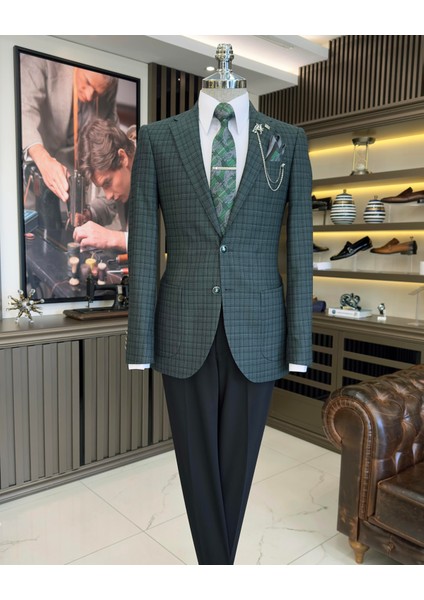 İtalyan stil slim fit mono yaka ekose erkek ceket yeşil T10749