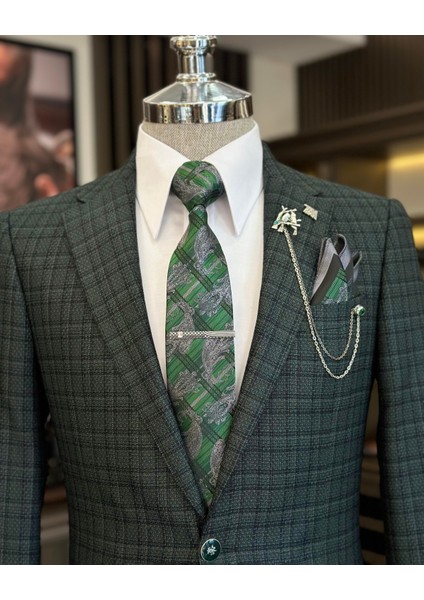 İtalyan stil slim fit mono yaka ekose erkek ceket yeşil T10749 fiyatları