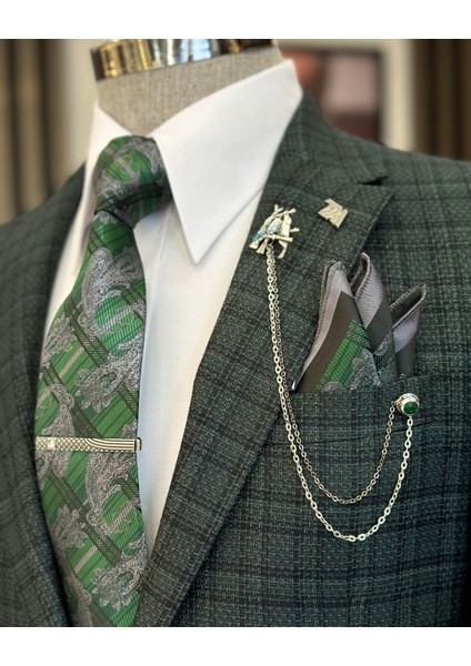 İtalyan stil slim fit mono yaka ekose erkek ceket yeşil T10749 modelleri