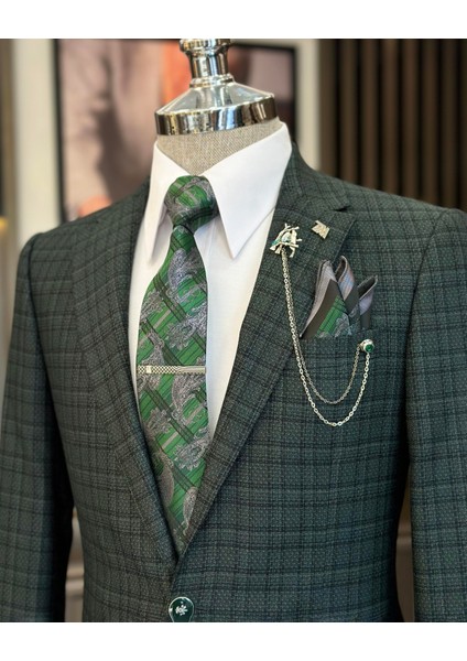 İtalyan stil slim fit mono yaka ekose erkek ceket yeşil T10749 indirimleri