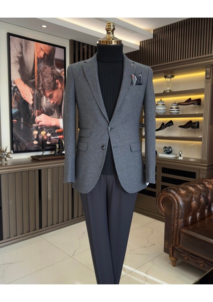İtalyan stil slim fit 8 drop mono yaka erkek ceket antrasit T10984