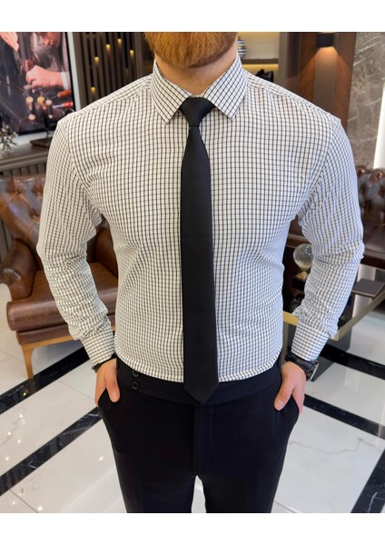 İtalyan stil kareli kravat yaka pamuk erkek gömlek siyah T11152 modelleri