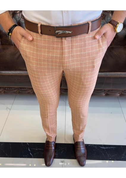 İtalyan stil slim fit erkek kumaş pantolon Turuncu T7750