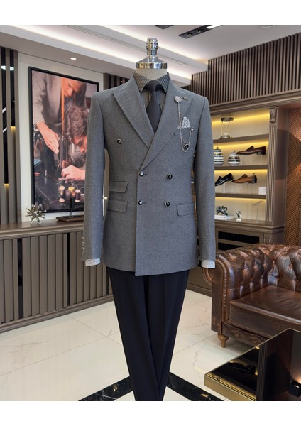Terziademaltun Italyan Stil Slim Fit Kruvaze Erkek Ceket Gri T10740