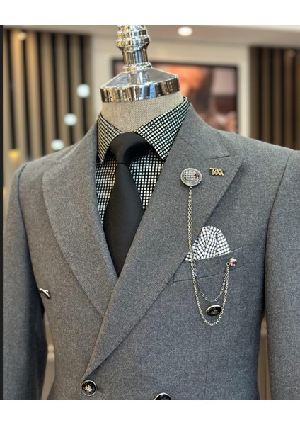 Terziademaltun Italyan Stil Slim Fit Kruvaze Erkek Ceket Gri T10740