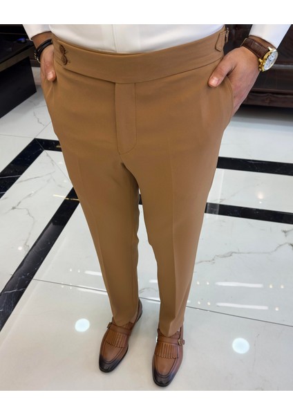 İtalyan stil slim fit bel detaylı erkek pantolon camel T10563