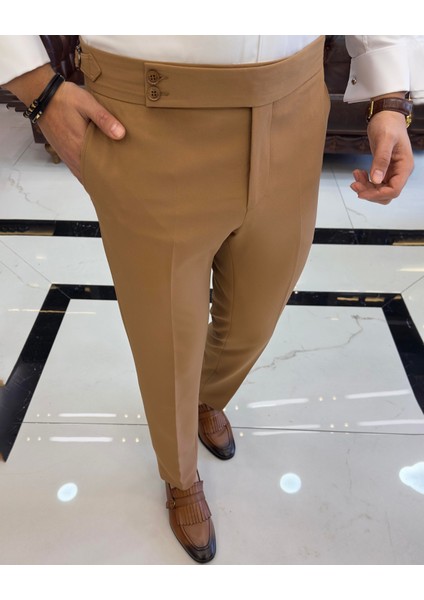 İtalyan stil slim fit bel detaylı erkek pantolon camel T10563 fiyatları