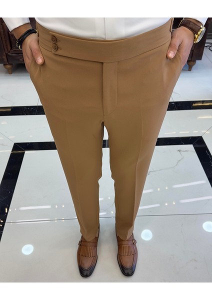 İtalyan stil slim fit bel detaylı erkek pantolon camel T10563 fırsatları