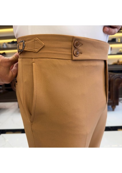 İtalyan stil slim fit bel detaylı erkek pantolon camel T10563 indirimleri