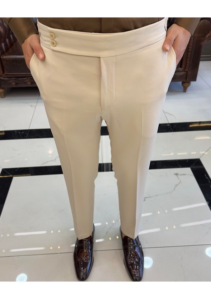 İtalyan stil slim fit bel detaylı erkek pantolon ekru T10562 modelleri