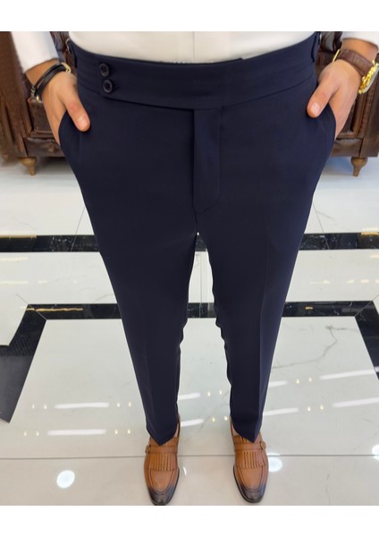 Terziademaltun Italyan Stil Slim Fit Bel Detaylı Erkek Pantolon Lacivert T10564