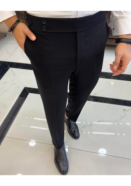 İtalyan stil slim fit bel detaylı erkek pantolon siyah T10560