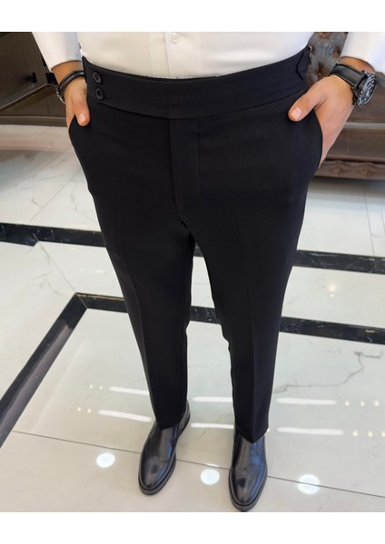İtalyan stil slim fit bel detaylı erkek pantolon siyah T10560 fiyatları
