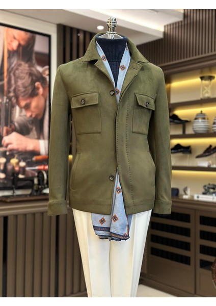 İtalyan stil slim fit polo yaka süet erkek mont yeşil T10818