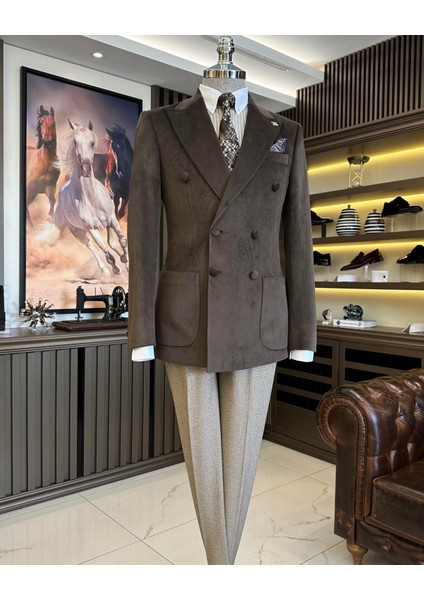 İtalyan stil kadife kruvaze erkek tek ceket kahverengi T11033