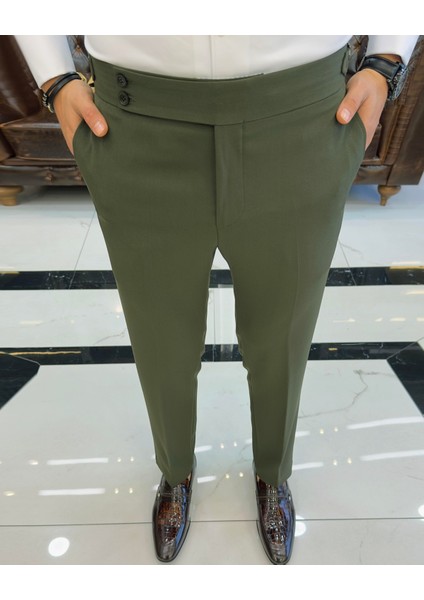 İtalyan stil slim fit bel detaylı erkek pantolon yeşil T10561 fiyatları