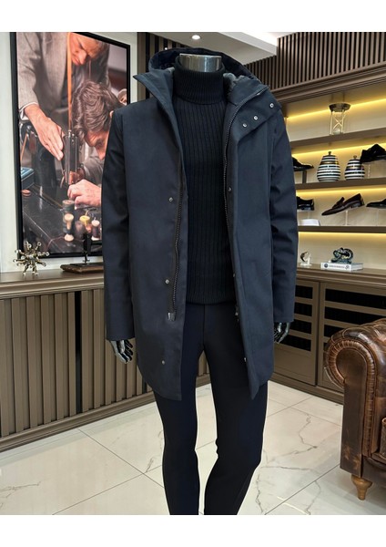 Terziademaltun Italyan Stil Slim Fit Erkek Kapüşonlü Uzun Mont Siyah T10678