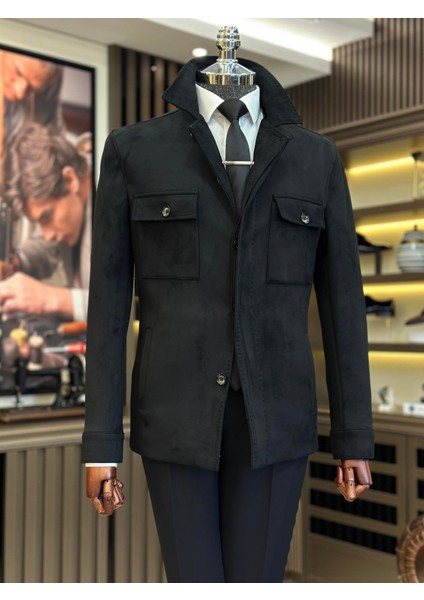 Terziademaltun Italyan Stil Slim Fit Polo Yaka Süet Erkek Mont Siyah T10816