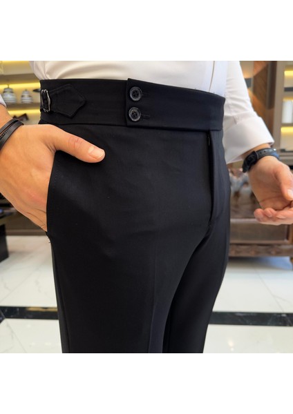 Terziademaltun Italyan Stil Slim Fit Bel Detaylı Erkek Pantolon Siyah T10560