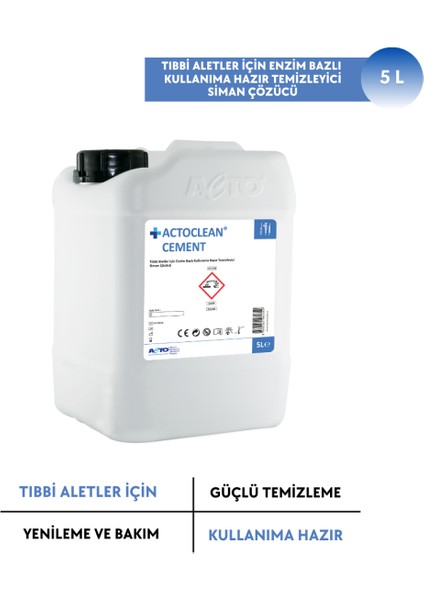 Actoclean® Cement 5 L Tıbbi Aletler Için Enzim Bazlı Kullanıma Hazır Temizleyici Siman Çözücü