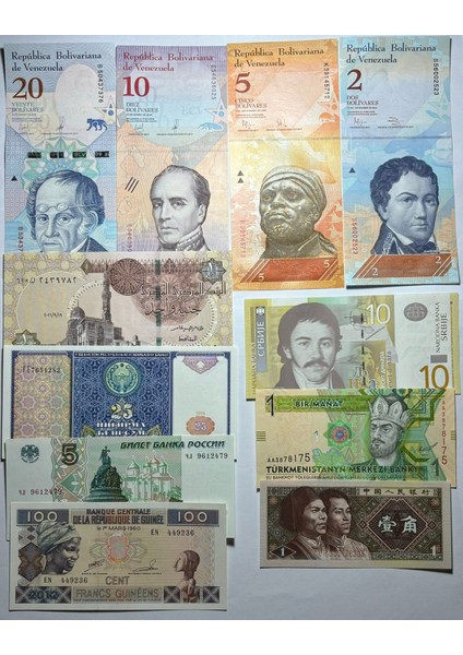 Yabancı Kağıt Para Seti Çil 11 Farklı Banknot 8 Farklı Ülke