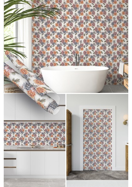 Renkli Çiçek Desenli Yapışkanlı Folyo, Mutfak, Tezgah, Masa, Dolap Kaplama Folyosu, Isıya Dayanıklı, Su Geçirmez, Yapışkan Folyolar, Sticker, Büyük Ebatlı