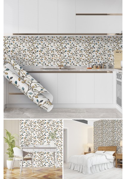 Açık Renkli Yaprak Desenli Yapışkanlı Folyo, Mutfak, Tezgah, Masa, Dolap Kaplama Folyosu, Isıya Dayanıklı, Su Geçirmez, Yapışkan Folyolar, Sticker, Büyük Ebatlı