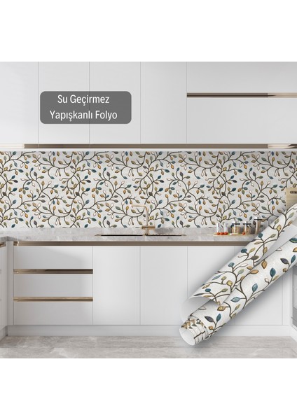 Açık Renkli Yaprak Desenli Yapışkanlı Folyo, Mutfak, Tezgah, Masa, Dolap Kaplama Folyosu, Isıya Dayanıklı, Su Geçirmez, Yapışkan Folyolar, Sticker, Büyük Ebatlı modelleri