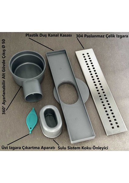 Sukar Line 4p Duş Kanalı Plastik Kasa Paslanmaz Izgara Süzgeç Ø50 Çıkış 30 cm 1154-100650-02