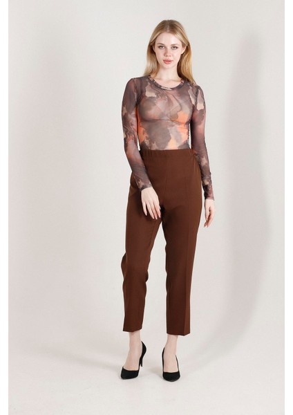 1005 Kahve Havuç Paça Beli Lastikli Dokuma Kadın Pantolon