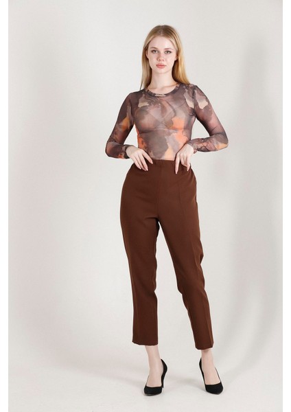 1005 Kahve Havuç Paça Beli Lastikli Dokuma Kadın Pantolon modelleri