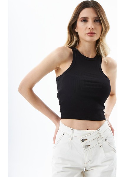 Halter Yaka Kolsuz Bluz Siyah