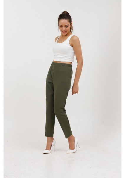 1005 Haki Havuç Paça Beli Lastikli Dokuma Kadın Pantolon modelleri