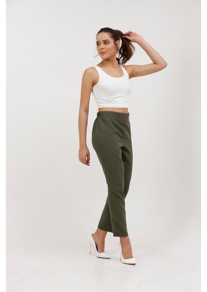 1005 Haki Havuç Paça Beli Lastikli Dokuma Kadın Pantolon fırsatları