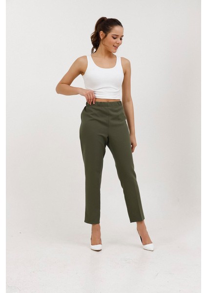 1005 Haki Havuç Paça Beli Lastikli Dokuma Kadın Pantolon indirimleri