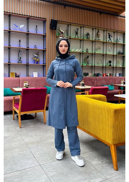 Kapşonlu Düğmeli Sade Basic Uzun Tunik ve Pantolon Ikili Spor Takım - 03072 - Indigo