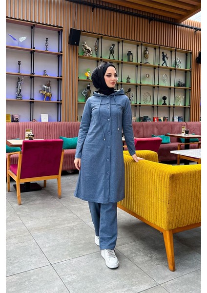 Kapşonlu Düğmeli Sade Basic Uzun Tunik ve Pantolon Ikili Spor Takım - 03072 - Indigo