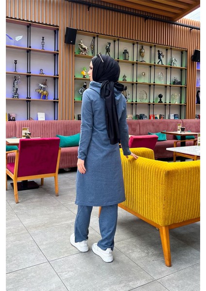 Kapşonlu Düğmeli Sade Basic Uzun Tunik ve Pantolon Ikili Spor Takım - 03072 - Indigo