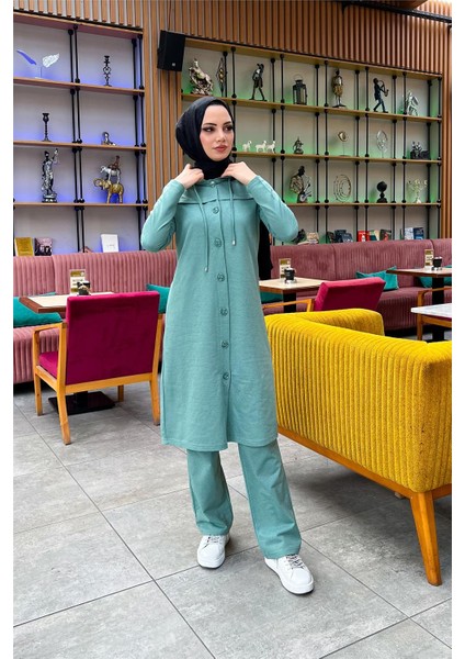 Kapşonlu Düğmeli Sade Basic Uzun Tunik ve Pantolon Ikili Spor Takım - 03072 - Çağla Yeşili