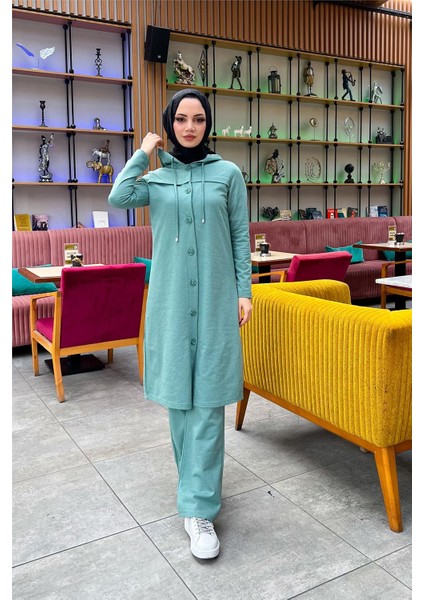 Kapşonlu Düğmeli Sade Basic Uzun Tunik ve Pantolon Ikili Spor Takım - 03072 - Çağla Yeşili
