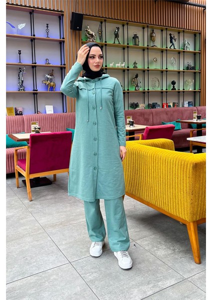 Kapşonlu Düğmeli Sade Basic Uzun Tunik ve Pantolon Ikili Spor Takım - 03072 - Çağla Yeşili